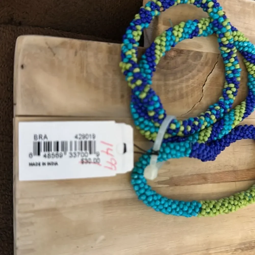 Blue/green/turquoise beaded set of intertwined bracelets